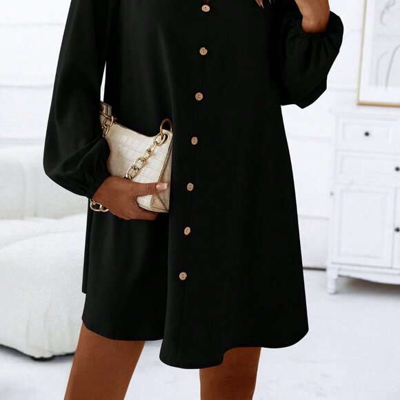 Black Casual Women's Button Front Lantern Sleeve Dress - Picture 3 of 7